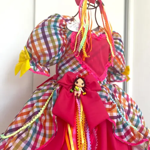 Vestido Junino Infantil Xadrex/ Pink Neon