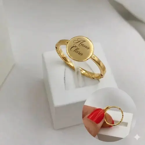 Anel Bolinha com Dados de Nascimento Banho Ouro 18k