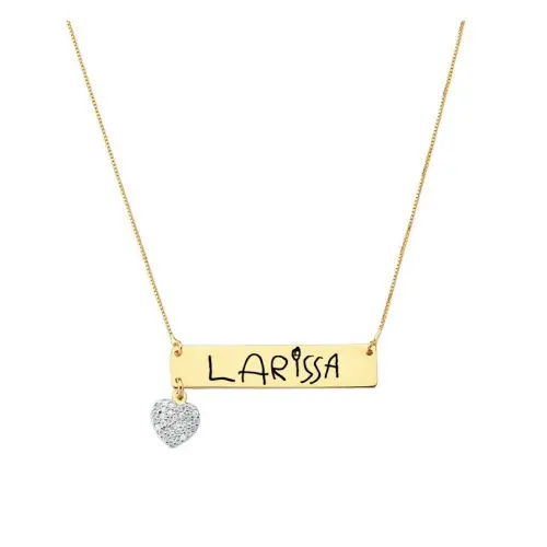 Colar placa com nome manuscrito e pingente de coração