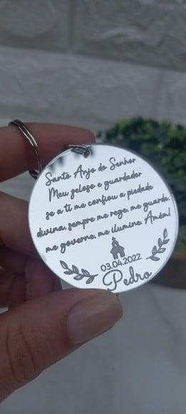 Chaveiro Batizado Oração Santo Anjo em Acrílico Espelhado