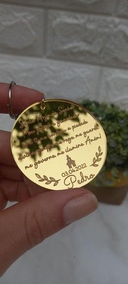 Chaveiro Batizado Oração Santo Anjo em Acrílico Espelhado