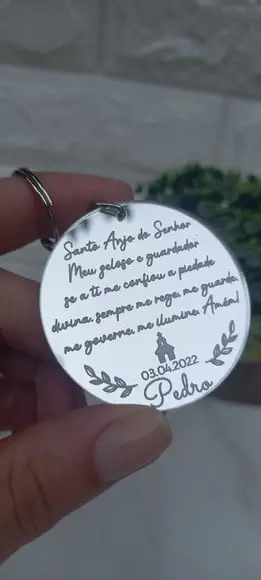 Chaveiro Batizado Oração Santo Anjo em Acrílico Espelhado