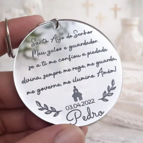 Chaveiro Batizado Oração Santo Anjo | Prata