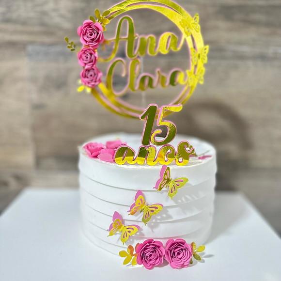Topo de Bolo Circular Flores 15 Anos