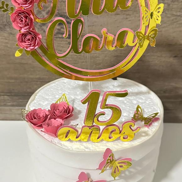 Topo de Bolo Circular Flores 15 Anos