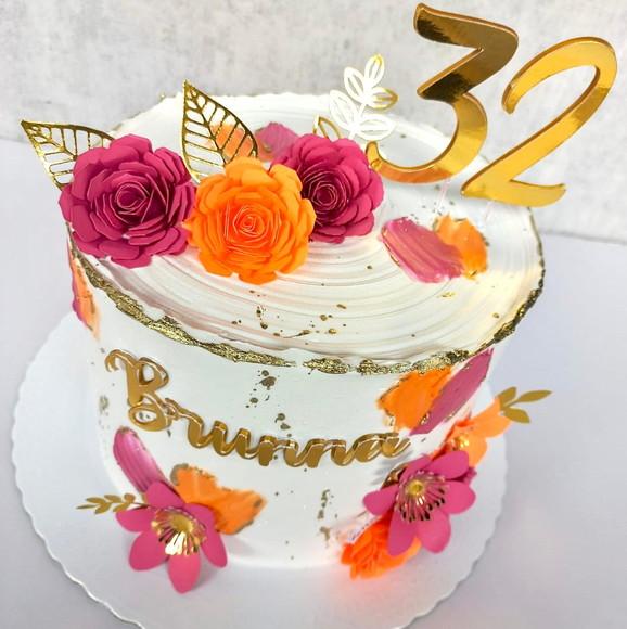 Topo de Bolo Flores Laranja e Pink