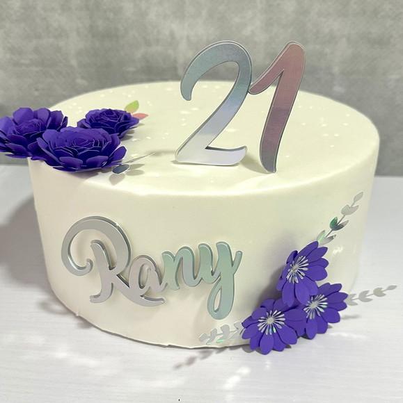 Topo de Bolo Nome e Idade Prata e Roxo com Flores