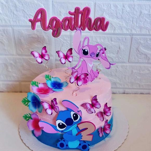 Topo de Bolo Stitch e Angel 3d Flores