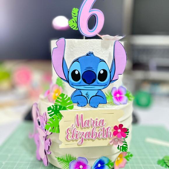 Topo de Bolo Stitch e Angel 3d Flores