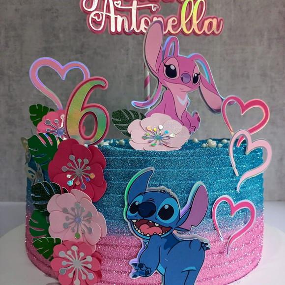 Topo de Bolo Stitch e Angel 3d Flores