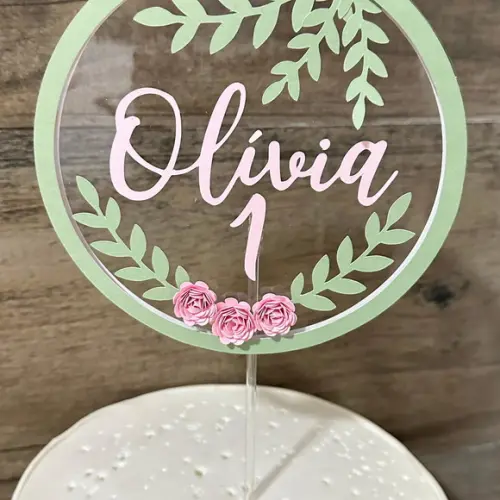 Topo de Bolo Circular Acetato e Flor