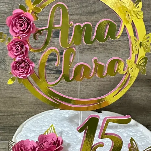 Topo de Bolo Circular Flores 15 Anos