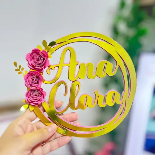 Topo de Bolo Circular Flores 15 Anos