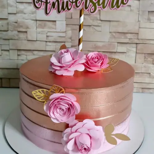 Topo de Bolo Feliz Aniversário e Flores