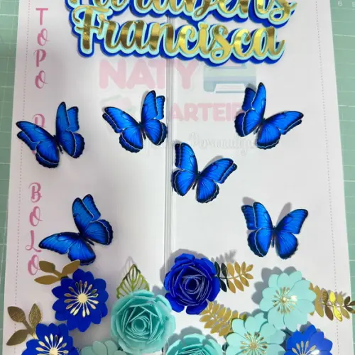 Topo de Bolo Flores e Borboleta Azul