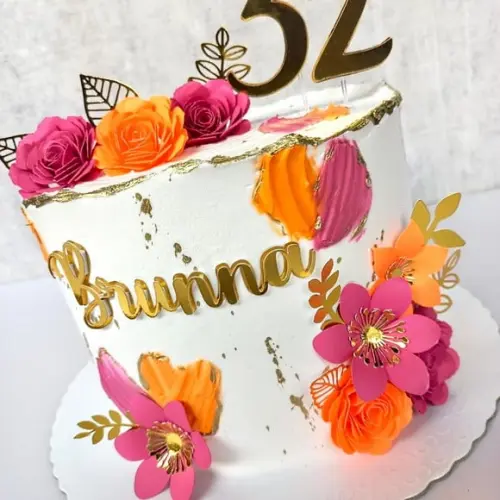 Topo de Bolo Flores Laranja e Pink