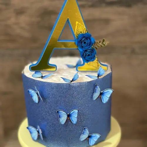 Topo de Bolo Letra Inicial com Borboletas Azul