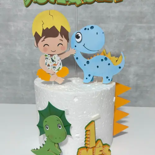 Topo de Bolo Menino e Dino Baby
