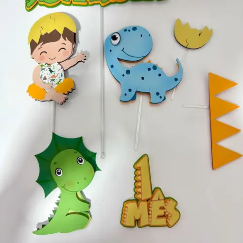 Topo de Bolo Menino e Dino Baby