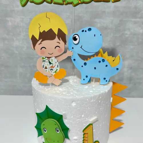 Topo de Bolo Menino e Dino Baby