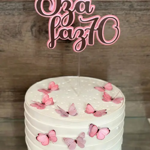 Topo de Bolo Nome e Borboletas Rosado