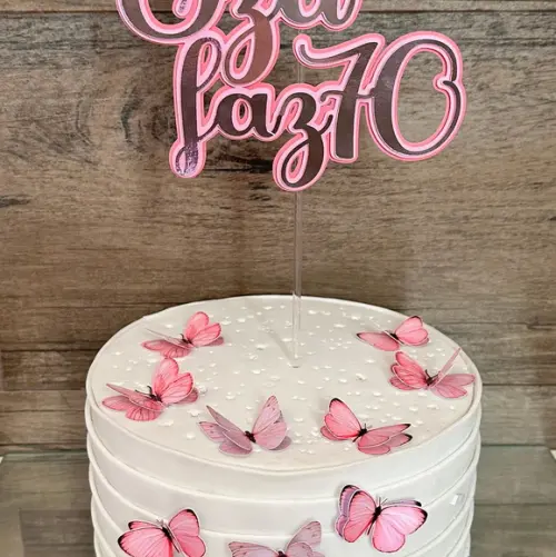 Topo de Bolo Nome e Borboletas Rosado