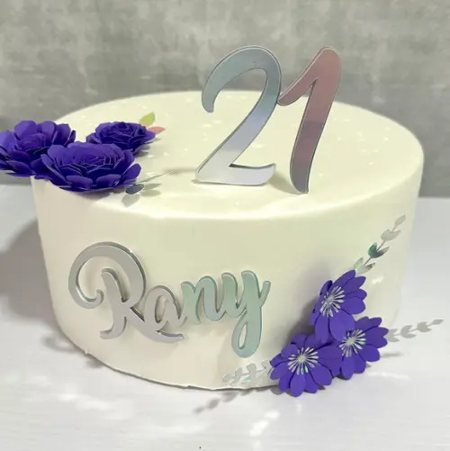 Topo de Bolo Nome e Idade Prata e Roxo com Flores