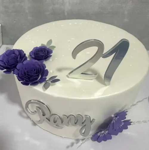 Topo de Bolo Nome e Idade Prata e Roxo com Flores
