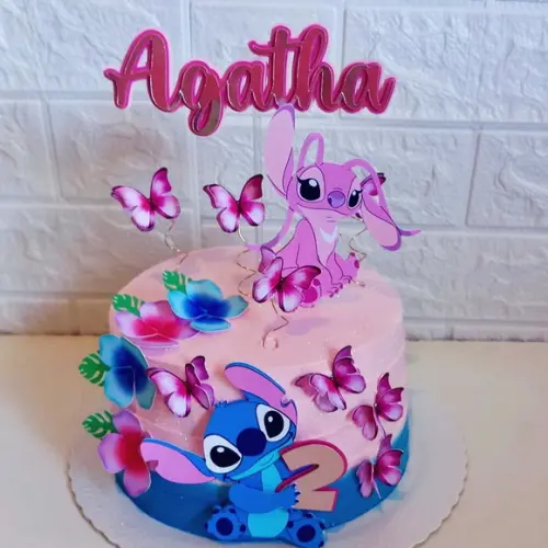 Topo de Bolo Stitch e Angel 3d Flores