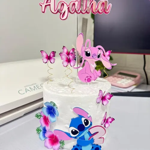 Topo de Bolo Stitch e Angel 3d Flores
