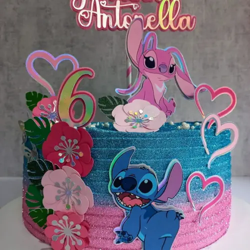 Topo de Bolo Stitch e Angel 3d Flores