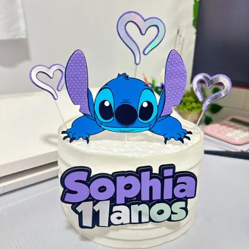Topo de Bolo Stitch Roxo e Prata