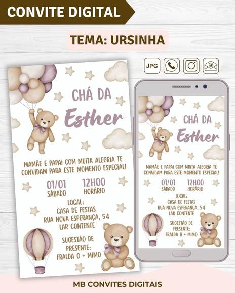 Convite Digital Chá de Bebê Menina Ursinha Lilás
