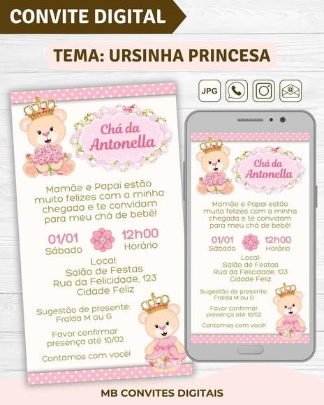 Convite Digital Chá de Bebê Menina Ursinha Princesa