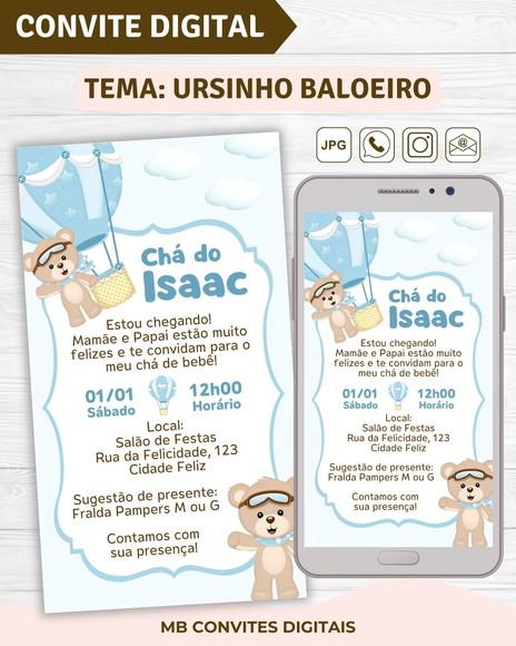 Convite Digital Chá de Bebê Menino Ursinho Baloeiro