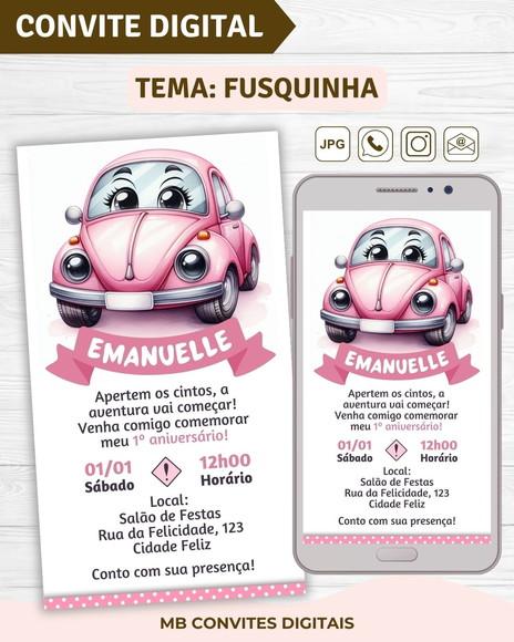 Convite Digital Fusca / Fusquinha Rosa