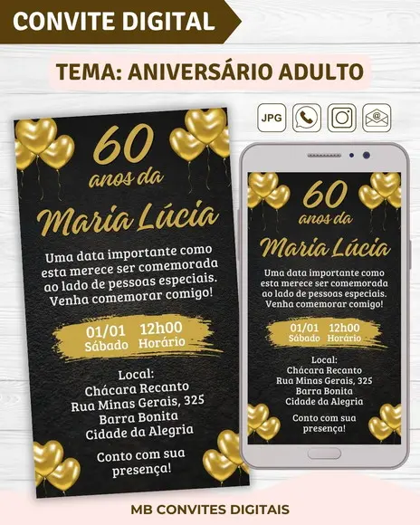 Convite Digital Aniversário Adulto Feminino (60 Anos)
