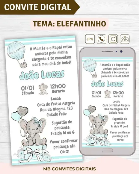 Convite Digital Chá de Bebê Elefantinho Menino