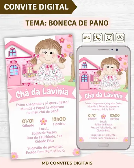 Convite Digital Chá de Bebê Boneca de Pano