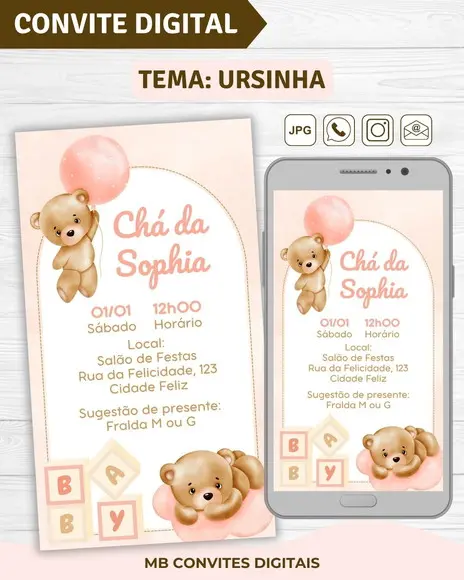 Convite Digital Chá de Bebê Menina Ursinha (07)