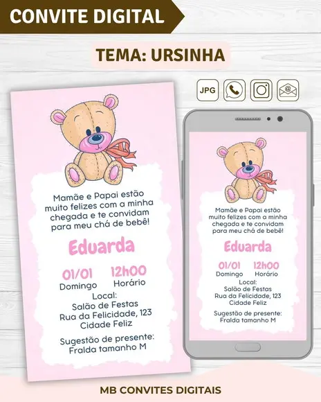 Convite Digital Chá de Bebê Menina Ursinha (08)