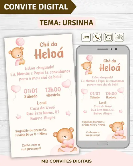 Convite Digital Chá de Bebê Menina Ursinha (01)