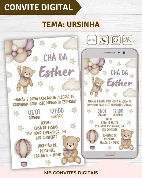Convite Digital Chá de Bebê Menina Ursinha Lilás