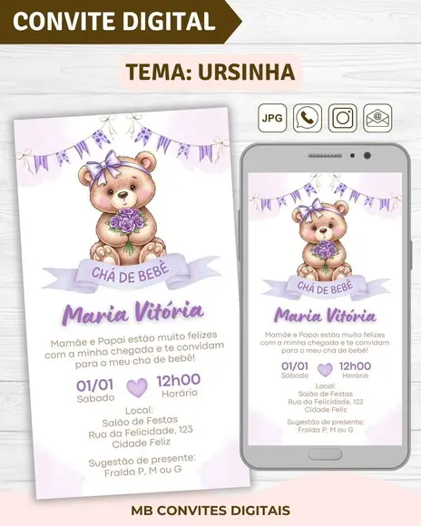 Convite Digital Chá de Bebê Menina Ursinha (09)