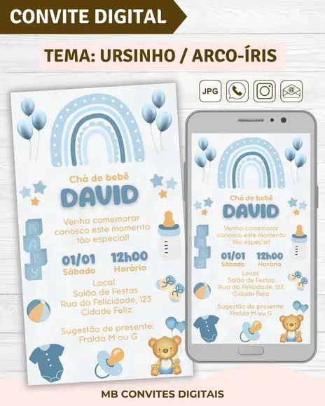 Convite Digital Chá de Bebê Menino Ursinho / Arco-íris