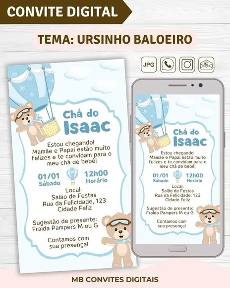 Convite Digital Chá de Bebê Menino Ursinho Baloeiro