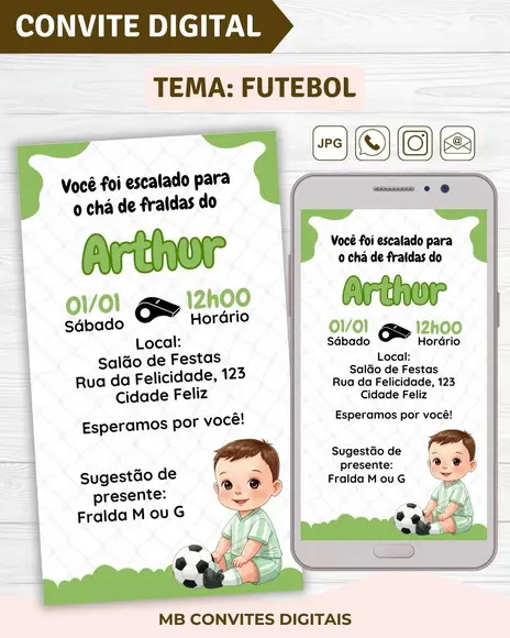Convite Digital Chá de Fraldas Futebol