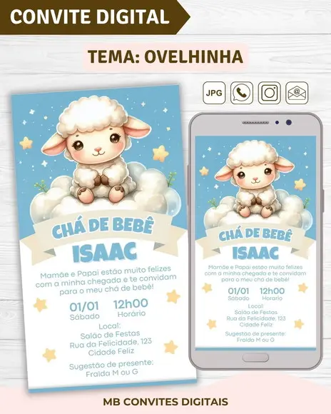 Convite Digital Chá de Bebê Ovelhinha Menino