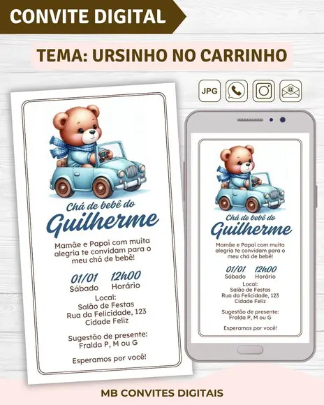Convite Digital Chá de Bebê Ursinho no Carrinho (02)