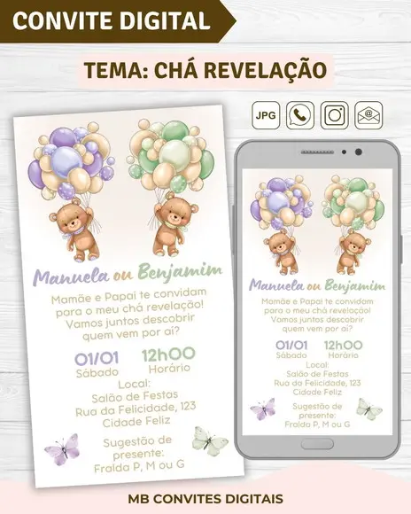 Convite Digital Chá Revelação Ursinhos Lilás e Verde (01)